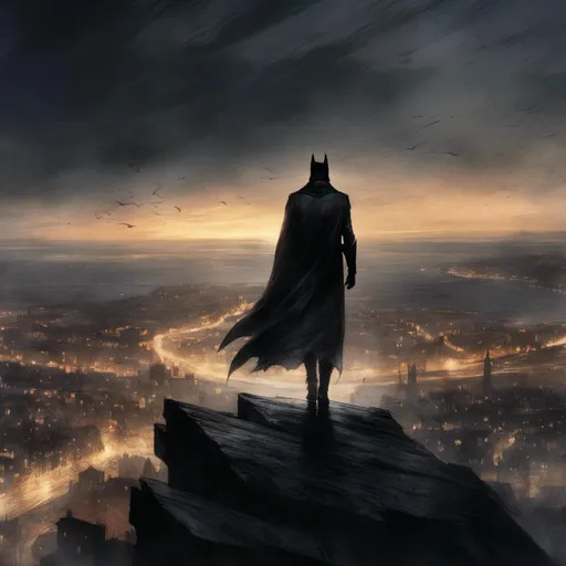 Prompt: <mymodel>(Batman standing on a cliff overlooking a city), dramatic pose, powerful silhouette, detailed cape fluttering in the wind, breathtaking skyline illuminated at dusk, vibrant city lights twinkling below, dark clouds looming, high contrast shadows, moody atmosphere, cinematic vibe, ultra-detailed, 4K quality, (intense focus), evoking a sense of vigilance and heroism.