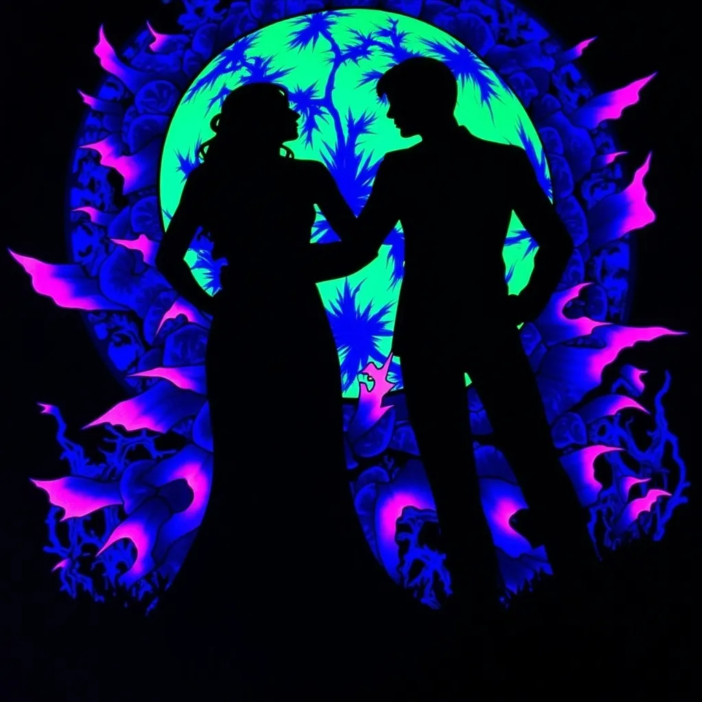 Prompt: Two dark silhouettes of a man and woman holding each other. clear and readable text says 'If the world was ending' above and below ‘I’d wanna be next to you.’ . black light art style with glowing, ethereal neon effects