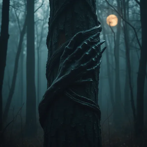 Prompt: Claw like hand wrapping around from behind a tree. Dark forest, moonlit, deep fog, mythical forest.