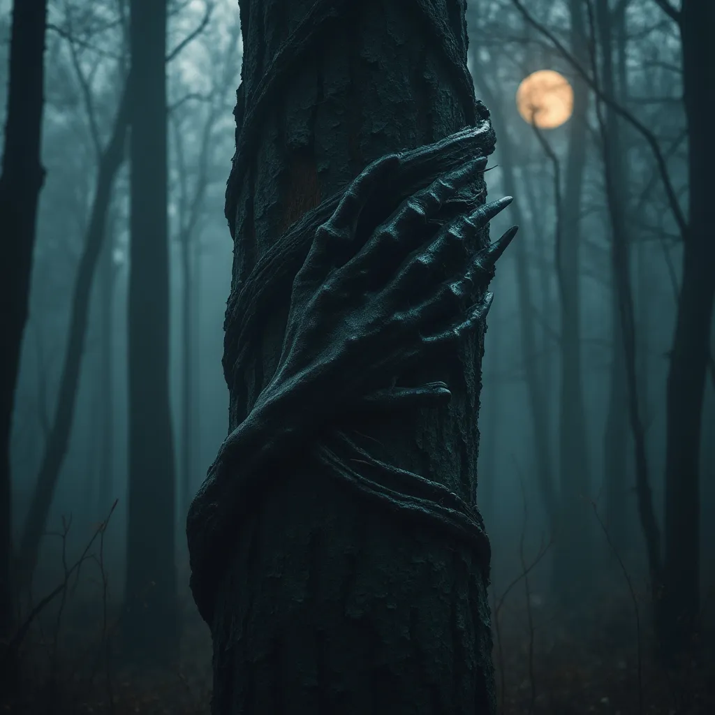 Prompt: Claw like hand wrapping around from behind a tree. Dark forest, moonlit, deep fog, mythical forest.