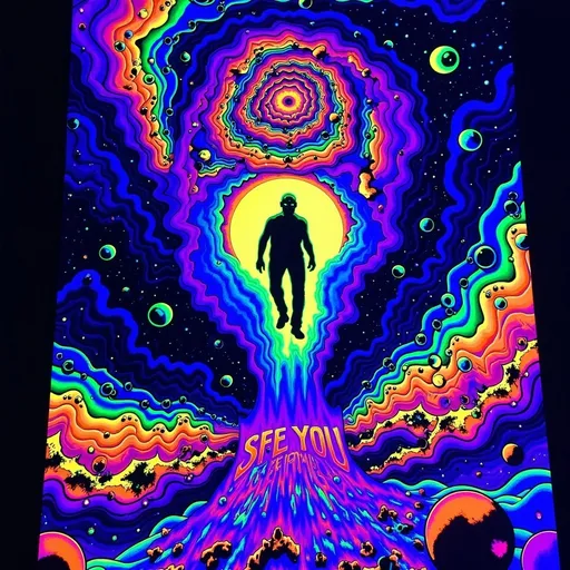 Prompt: (accurately spelled text "See you space Cowboy"), bold lettering, (vibrant spiraling colors), man floating in space, cosmic background, black light art style, ethereal glow, mystic ambiance, captivating swirling patterns, stars twinkling in the distance, serene and adventurous mood, (ultra-detailed) and (high quality) imagery that captures the essence of freedom and exploration in the vast universe.