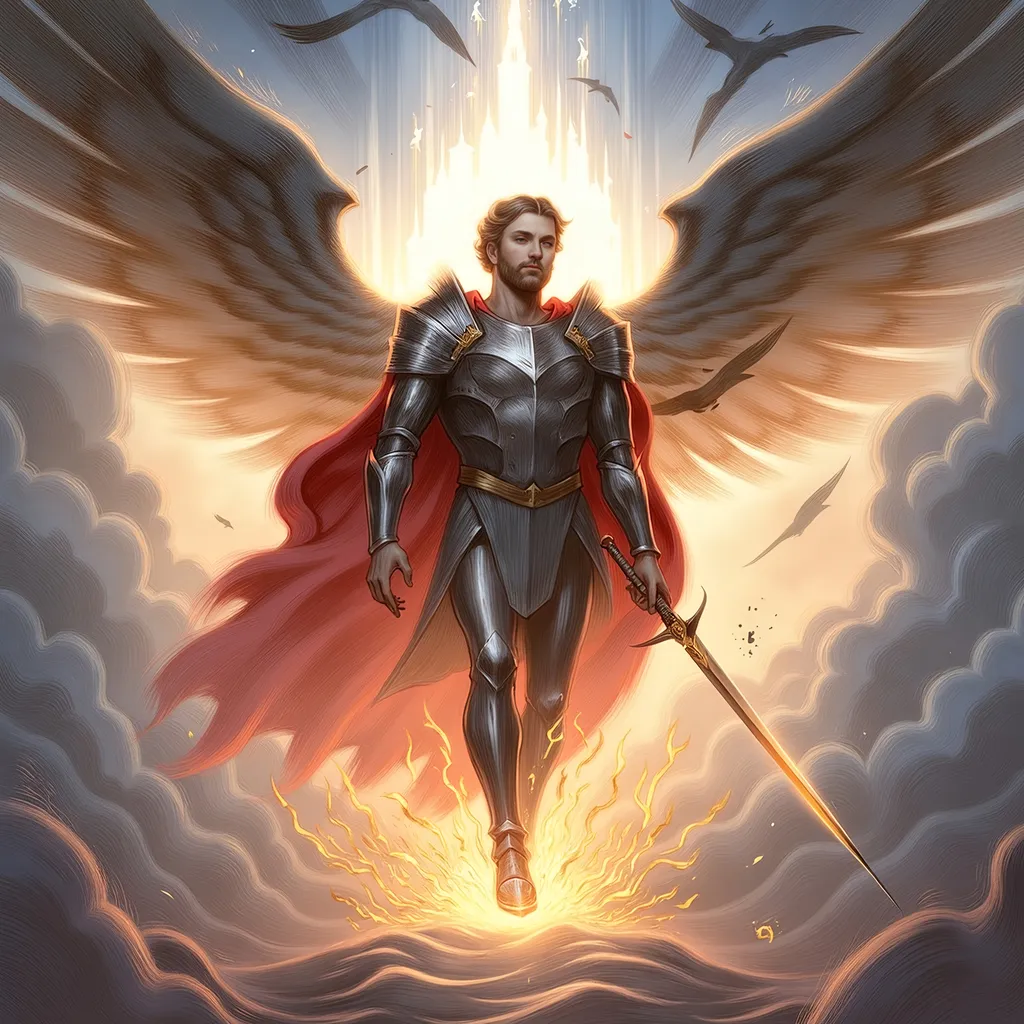 Prompt: Saint Michael the Archangel, (majestic stance), clad in resplendent armor, wielding a gleaming sword, surrounded by ethereal light, powerful wings unfurled, dramatic clouds behind him, (celestial aura), radiant colors with vivid contrasts, uplifting atmosphere, conveying strength and protection, ultra-detailed, high quality, 4K resolution, dynamic and inspiring ambiance. Masterpiece quality, anatomically accurate.