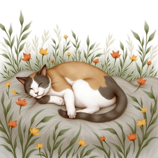 Prompt: Peaceful cat laying in bed of flowers.