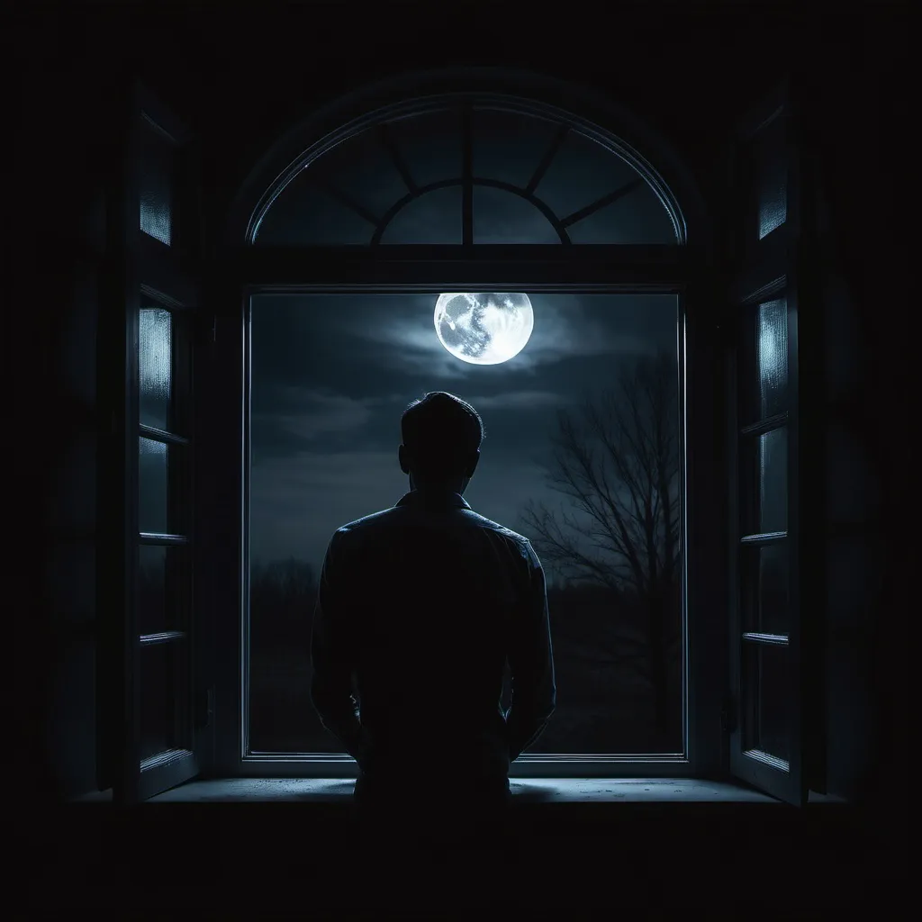 Prompt: Dark silhouette of man staring out a window in a dark room. Moonlight, full moon. Both hands on the window, sad, gloomy, desolate.