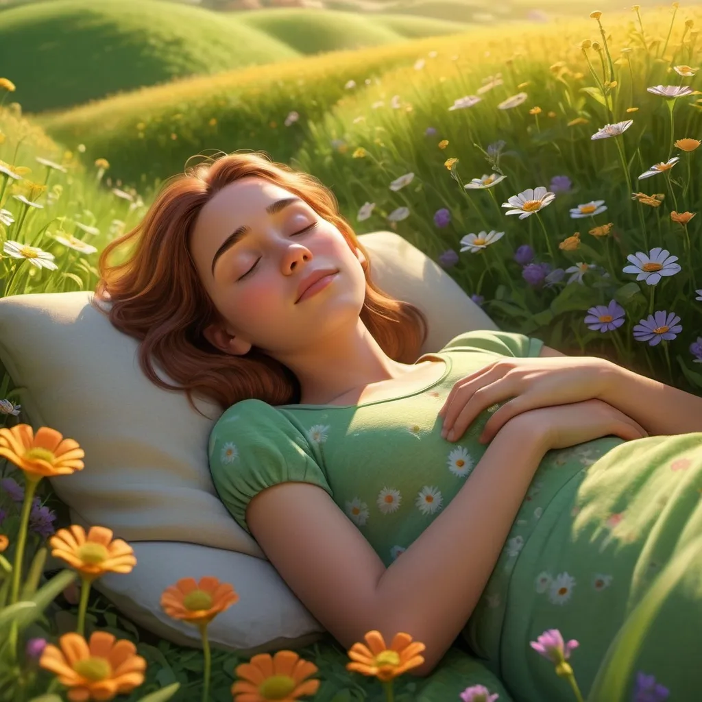 Prompt: Disney pixar character, 3d render style, young woman sleeping in field, cinematic colors