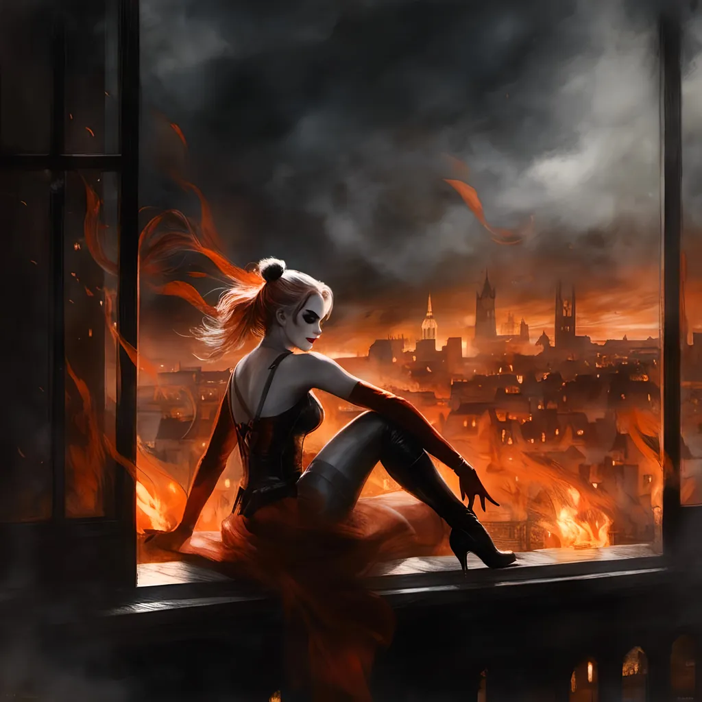 Prompt: <mymodel>(mymodel) Harley Quinn from (DC Batman). perched on a window, hands in the air in triumph, gazing into a fiery cityscape, flames illuminated against a dark sky, dramatic tones, vivid reds and oranges, smoke swirling in the air, high detail, moody atmosphere, urban environment, nighttime, powerful contrast, cinematic lighting, ultra-detailed, surreal and intense emotional vibe.