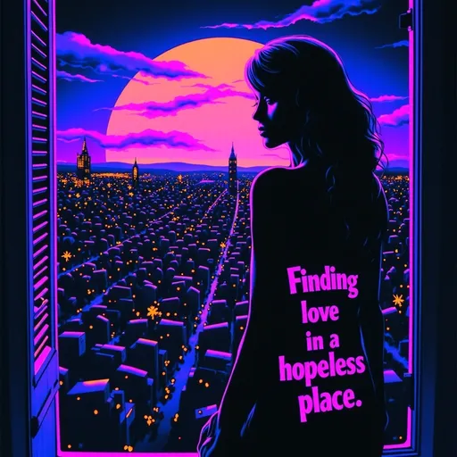 Prompt: Dark silhouette of a woman looking out a window into a city. On her dress, clear and readable text says 'Finding love in a hopeless place,' . black light art style with glowing, ethereal neon effects. The background shows a calm sun, with soft, warm colors fading into darker tones, creating a peaceful yet haunting atmosphere over the city.