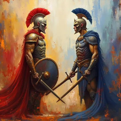 Prompt: two gladiators facing each other in a grand colosseum adorned in ornate armor sword and shield. Dynamic battle stance, shields raised sword in hand.