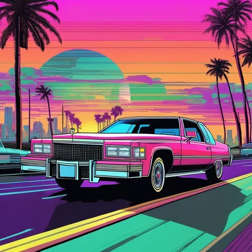 Prompt: retro 80s art, a 1977 Cadillac coupe down a highway with palm trees on the side of the road, retro art, synthwave, city view in the background, highly detailed