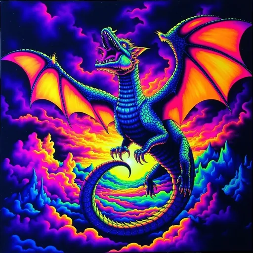 Prompt: (majestic dragon), vibrant scales with shimmering hues, intricate details and powerful wings, soaring through a dramatic sunset sky, creating a sense of awe, striking background with swirling clouds, richly saturated colors, ultra-detailed, mythic atmosphere, high-quality, cinematic ambiance, impressive artwork suitable for epic fantasy themes. (Black light art)