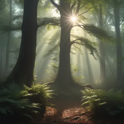 Prompt: Sunlight cascading across heavily wooded area, dark ground, misty, wondrous, magical.