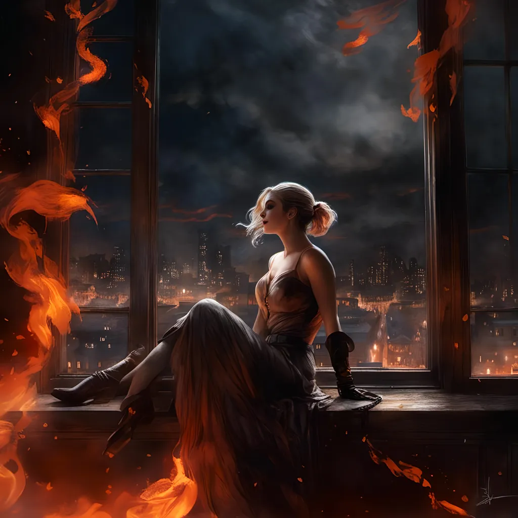 Prompt: <mymodel>(mymodel) Harley Quinn from (DC Batman). perched on a window, hands in the air in triumph, gazing into a fiery cityscape, flames illuminated against a dark sky, dramatic tones, vivid reds and oranges, smoke swirling in the air, high detail, moody atmosphere, urban environment, nighttime, powerful contrast, cinematic lighting, ultra-detailed, surreal and intense emotional vibe.