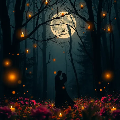 Prompt: dark forest moon lit candles on the branches. Fire flies. Black silhouette of man and woman waltzing in a bed of flowers.