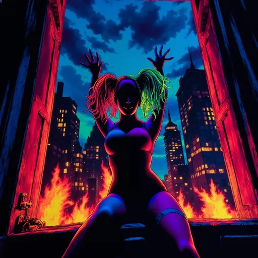 Prompt: Harley Quinn from (DC Batman). perched on a window, hands in the air in triumph, gazing into a fiery cityscape, flames illuminated against a dark sky, dramatic tones, vivid reds and oranges, smoke swirling in the air, high detail, moody atmosphere, urban environment, nighttime, powerful contrast, cinematic lighting, ultra-detailed, surreal and intense emotional vibe.(Black light art)