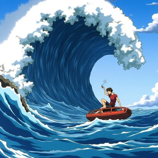 Prompt: Man on a boat peacefully smoking looking towards the camera, as giant massive wave unexpectedly towers over him about to capsize his boat.