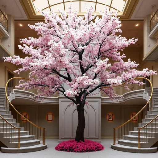 Prompt: Cherry blossom surrounded by a duel grand staircase. Tree at the center, stair case on the right, stair case on the left, circling around the tree to a mezzanine.