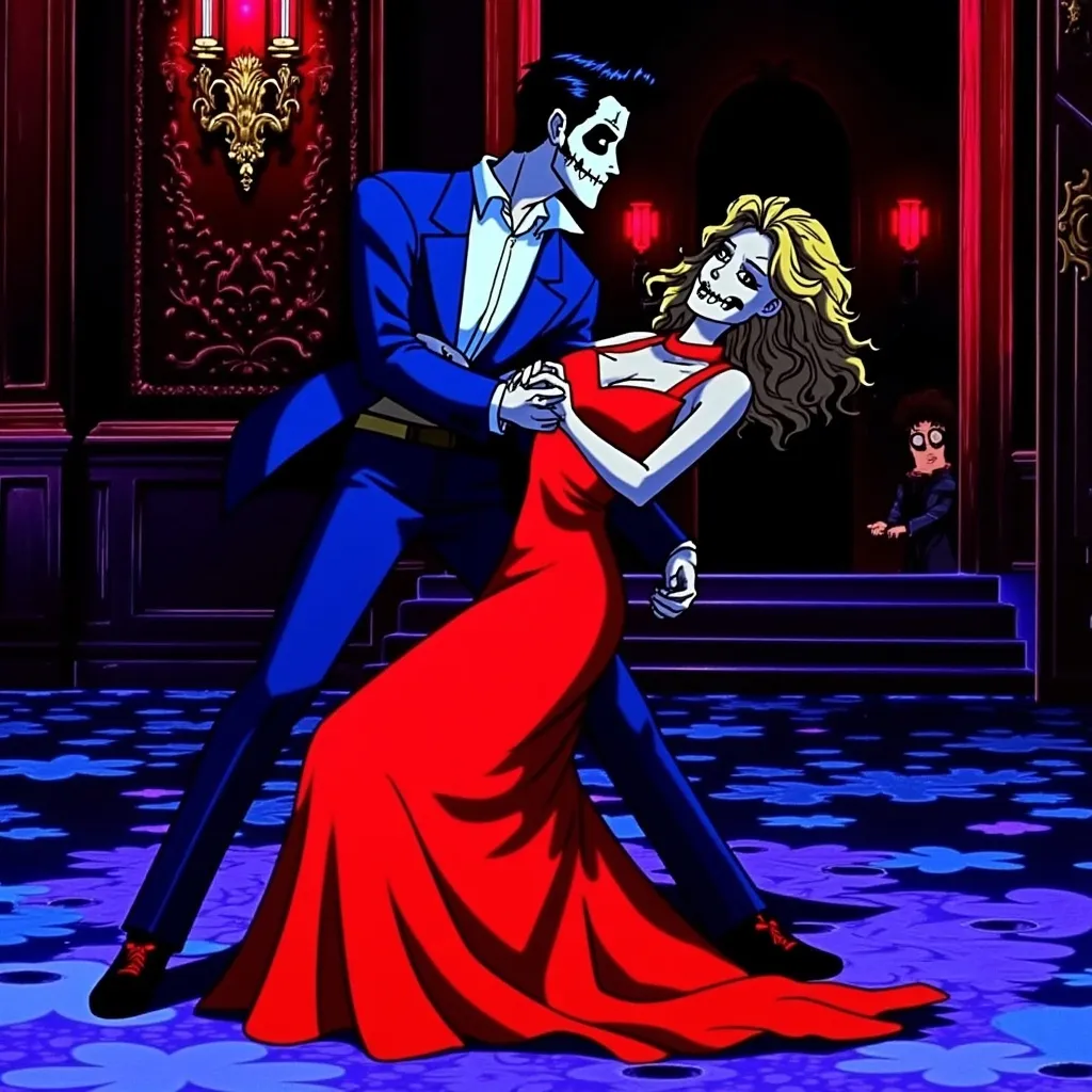 Prompt: (Día de los Muertos couple dancing), elegant red dress, sophisticated blue suit, dynamic pose, vivid detailed expressions, (black light art), glowing neon colors against dark backdrop, atmospheric Victorian setting with ornate decor, high contrast and striking illumination, (ultra-detailed), graceful movement, mesmerizing and enchanting ambiance reminiscent of a ballroom dance experience.