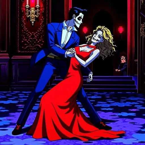 Prompt: (Día de los Muertos couple dancing), elegant red dress, sophisticated blue suit, dynamic pose, vivid detailed expressions, (black light art), glowing neon colors against dark backdrop, atmospheric Victorian setting with ornate decor, high contrast and striking illumination, (ultra-detailed), graceful movement, mesmerizing and enchanting ambiance reminiscent of a ballroom dance experience.