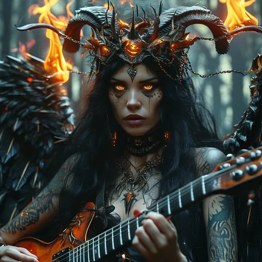 Prompt: Horned goddess, (glowing hazel eyes), (crown of fire), (bat wings), (glowing tattoos), (piercings), tattered clothing, destroyed cape, on a dark, enchanted forest stage, playing a guitar made of flesh and bone, (giant amplifiers), fire surrounding the stage, (surreal atmosphere), muted colors with vibrant flames, (highly detailed), atmospheric lighting, mystical, intense ambiance, captivating, (ultra-detailed).