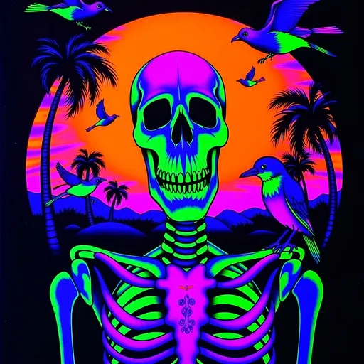 Prompt: Accurate text: Memento Mori / Memento Viviere. Skeleton surrounded by birds, palm trees, sunset.