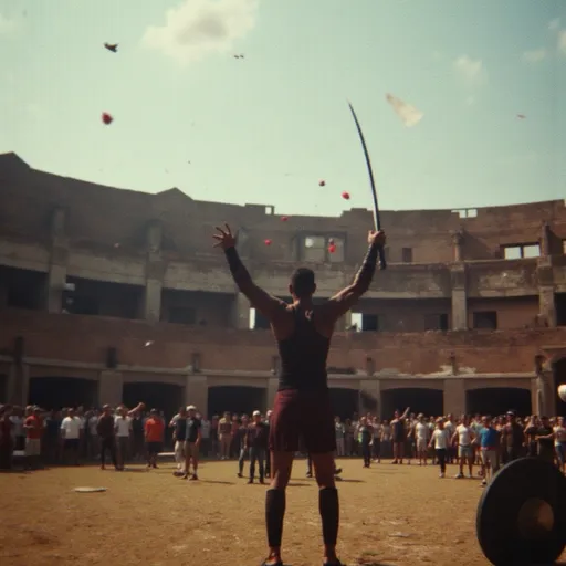 Prompt: Gladiator standing at the center of a colosseum. His hands raised with weapon and shield, crowd throwing roses around him.