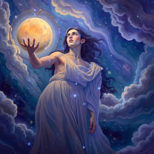 Prompt: Atlas holding celestial spheres, (majestic figure), a powerful backdrop of swirling night skies and star constellations, ethereal glow surrounding his form, deep cosmic blues and vibrant silvers, (divine energies radiating), grandeur atmosphere, (ultra-detailed), intricate celestial patterns, a sense of awe and wonder, representing the theme of astronomy and guardianship over the heavens.