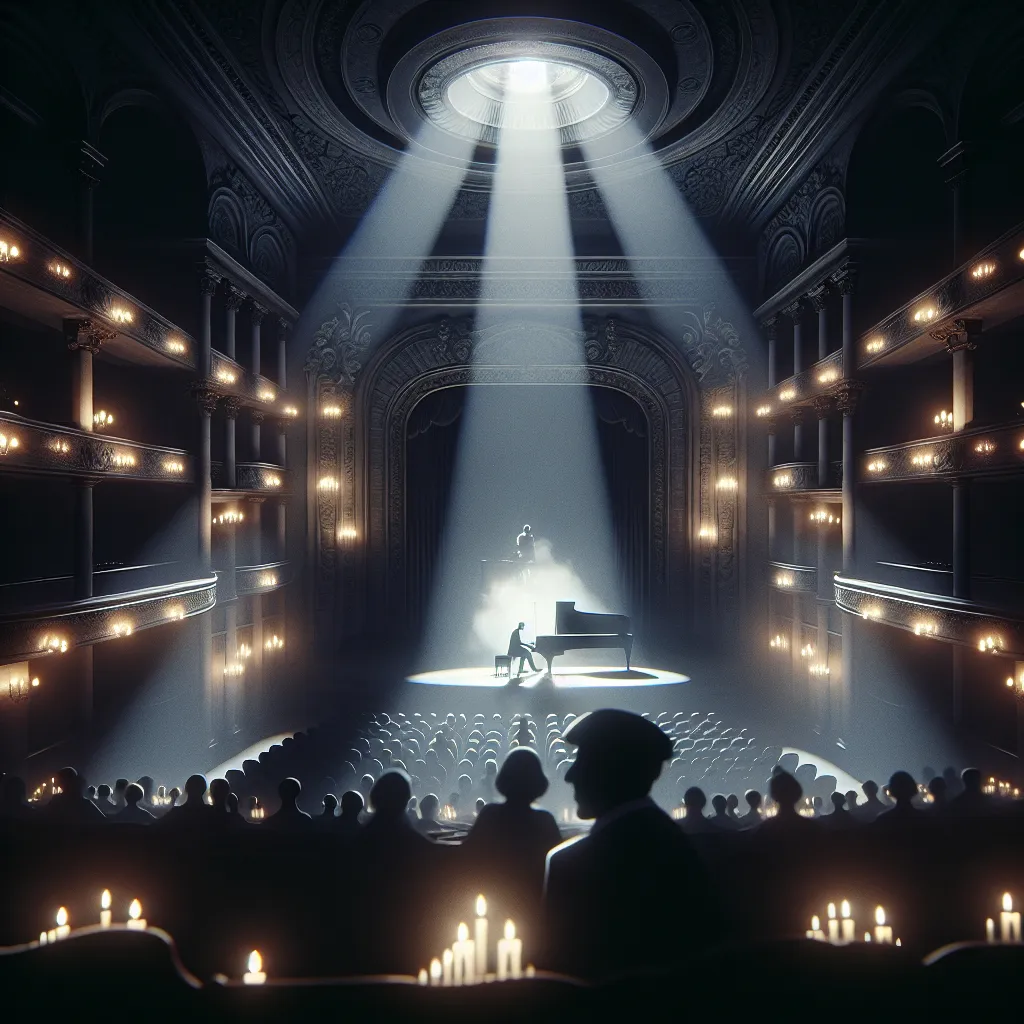 Prompt: Dark silhouette of a man playing piano. Surrounded by candles. In an opera house. Grand architecture. Filled audience of dark silhouettes. 