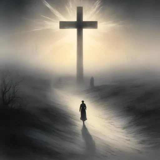 Prompt: <mymodel>(dark silhouette of person walking towards a cross), (dreamlike atmosphere), mysterious background, dynamic lighting, cascading ray beams illuminating the scene, ethereal glow surrounding the cross, deep shadows creating a sense of intrigue, soft gradients blending into vibrant tones, 4K resolution for ultra-detailed imagery, captivating and surreal ambiance.