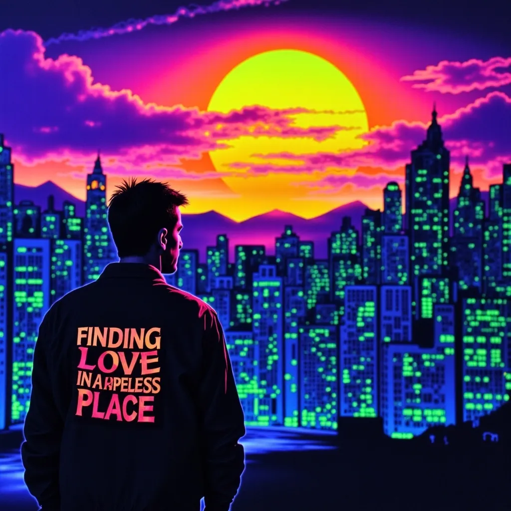 Prompt: Dark silhouette of a man facing a city. In the sky, clear and readable text says 'Finding love in a hopeless place,'on the man’s jacket. black light art style with glowing, ethereal neon effects. The background shows a calm sun, with soft, warm colors fading into darker tones, creating a peaceful yet haunting atmosphere over the city.