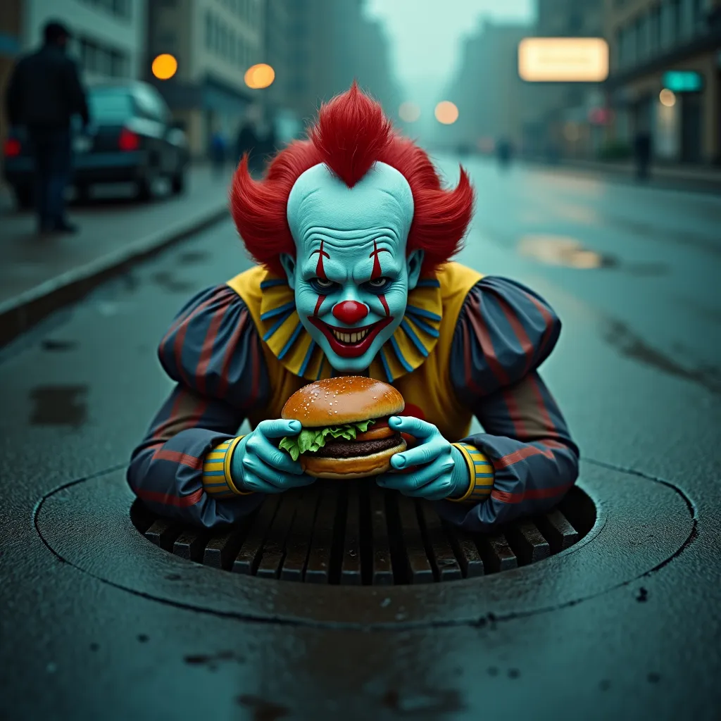 Prompt: (cropped image) McDonald's clown, holding a burger, hiding in a storm drain, eerie atmosphere, low resolution, grainy texture, retro vibes, dramatic shadows, unsettling mood, background obscured in darkness, captivating mystery, vintage film-like quality, dimly lit scene, hints of bright colors from the clown’s outfit contrasting with the gloom. Banner with accurate text: have it your way.