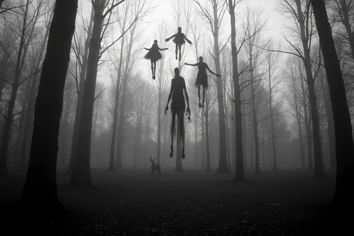 Prompt: black and white, (vintage film quality), low resolution, grainy texture, (mysterious atmosphere), dark forest, misty background, ethereal fog enveloping trees, stick sculptures resembling human figures, sculptures suspended from branches, interplay of shadows and light, moody ambiance, hauntingly serene, ultra-detailed gothic nature scene.