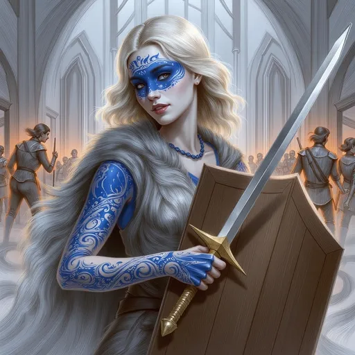 Prompt: Shield maiden, (silver blonde hair), (deep blue eyes), (battle-scarred face) white skin, blue face paint, intricate blue body art, wooden shield, fur-covered silver armor plates, (silver blade), (gold-hilted sword), (masterpiece quality), (highly detailed), (anatomically correct), (dramatic lighting), (epic battlefield background), (intense atmosphere), ultra-detailed, vibrant colors.