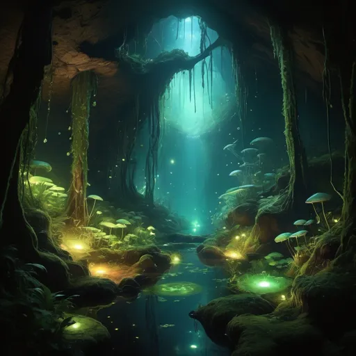 Prompt: Sunlight cascading across heavily wooded area, dark ground, misty, wondrous, magical, large deep hole, cavernous ,multiple biomes, glowing algae, glow worms, plant bioluminescence. 4k high-definition, photorealism.