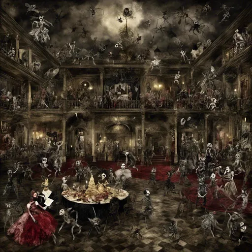 Prompt: <mymodel>Victorian style ball, (masquerade), elegant people dancing, ornate masks, festive atmosphere, (grand orchestra), exquisite ballroom, opulent chandeliers, rich color palette of deep reds and golds, (highly detailed), textured fabrics, intricate patterns on gowns and suits, luxurious furnishings, soft candlelight flickering, (4K) quality, enchanting ambiance.