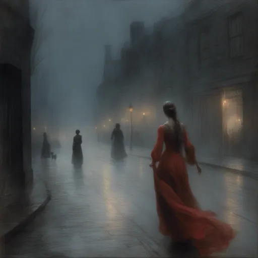 Prompt: <mymodel> ethereal, dream like, masterpiece quality, high definition, focused detail, anatomically correct hands and fingers. Woman, long flowing robes, scarlet shadows dancing around her, walking in a street of a desolate Victorian style city. Dark atmosphere, misty, low visibility, mysterious shadows, moonlit.