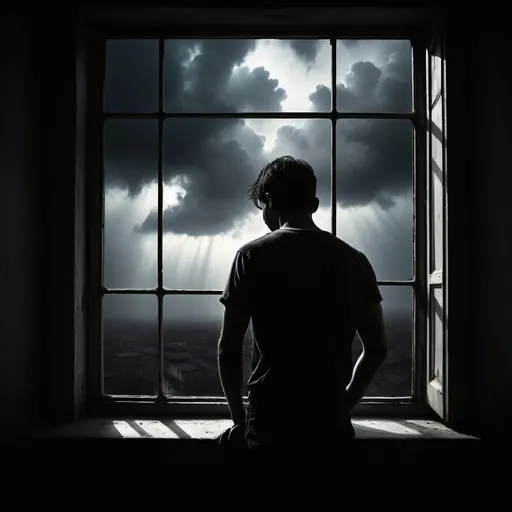 Prompt: Dark silhouette of a man staring out a window with his hands on his head from a dark room. Gloomy, morbid, misty room. Bright window hopeful outside, heavenly clouds, ethereal landscape.