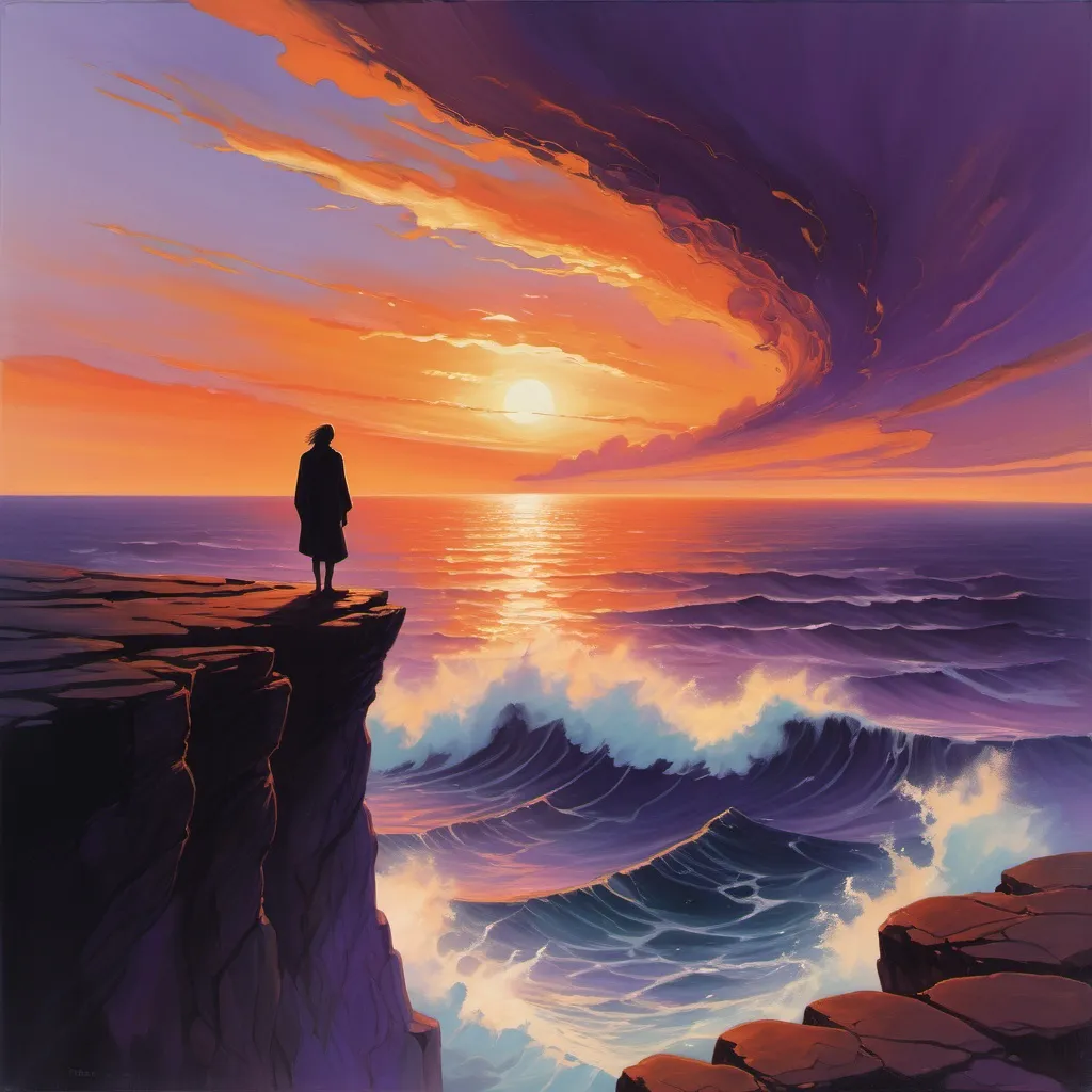 Prompt: A solitary figure stands at the edge of a cliff at sunset, gazing out over a vast, endless ocean. The sky is ablaze with deep oranges and purples, the sun dipping just below the horizon. The wind tousles their hair, and their silhouette is slightly hunched, as if bearing the weight of unspoken thoughts. Below, waves crash against the rocks, symbolizing turmoil, while the horizon offers a sense of hope and calm. The contrast between the turbulent sea and the serene sky evokes a quiet inner struggle, a yearning for peace amidst chaos.