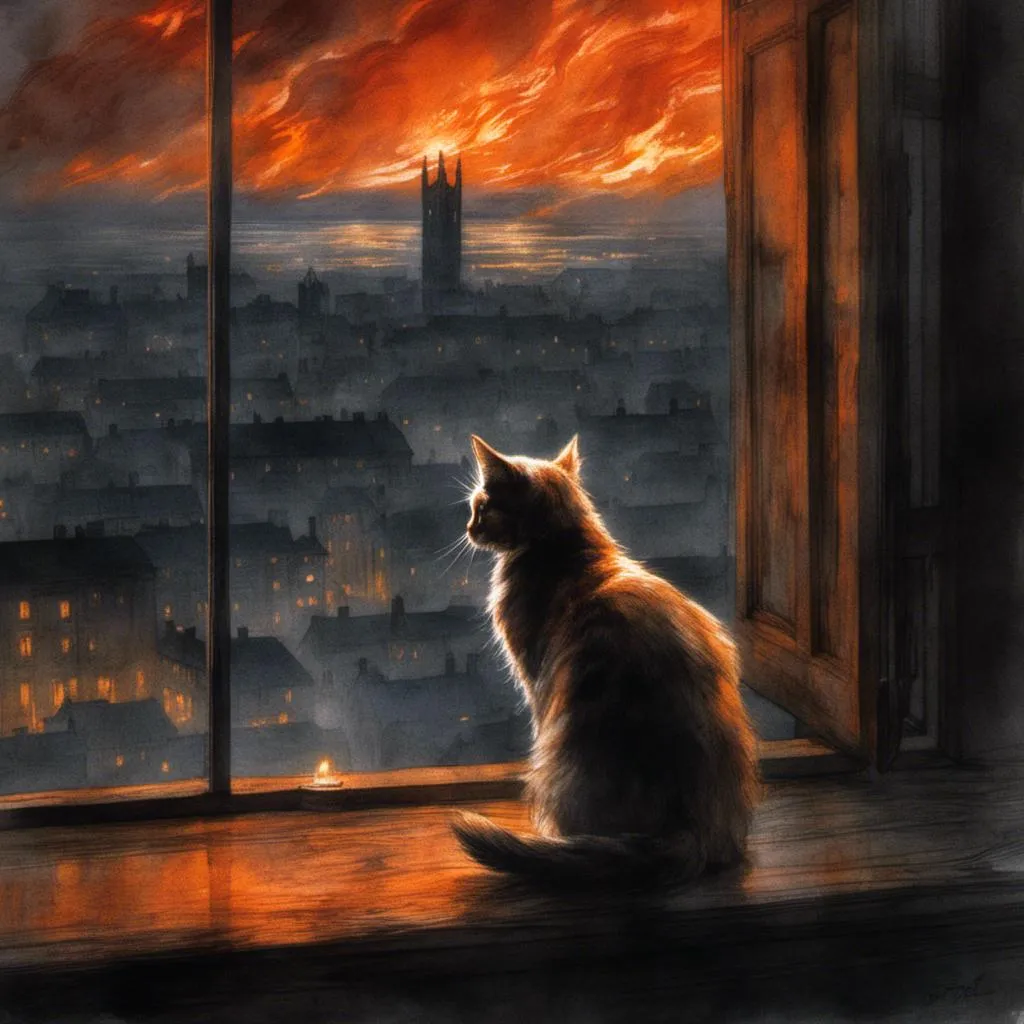 Prompt: <mymodel>(mymodel) cat perched on a window, gazing into a fiery cityscape, flames illuminated against a dark sky, dramatic tones, vivid reds and oranges, smoke swirling in the air, high detail, moody atmosphere, urban environment, nighttime, powerful contrast, cinematic lighting, ultra-detailed, surreal and intense emotional vibe.