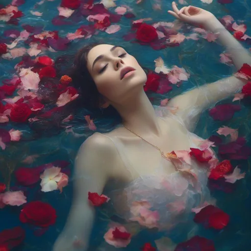 Prompt: <mymodel>(mymodel) woman submerged in crystal-clear water, looking upwards with serene expression, surrounded by vibrant rose petals drifting gracefully, soft diffused lighting casting gentle reflections, dreamy atmosphere, tranquil vibes, slight ripples creating mesmerizing patterns in the water, ultra-detailed, 4K, cinematic quality, ethereal beauty, poetic and romantic setting. Masterpiece quality.