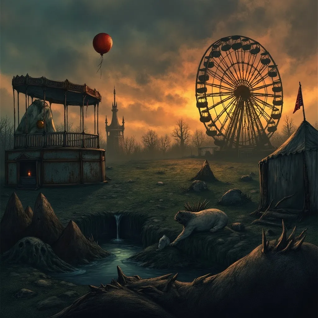 Prompt: "A vast, abandoned carnival at twilight, where the golden hour light casts long shadows over broken rides and peeling paint. In the center, a rusted Ferris wheel stands still, its once bright lights now flickering weakly. A lone child’s balloon, untethered, floats slowly upward, its red hue vivid against the fading sky. The air feels thick with nostalgia, tinged with melancholy, as the echoes of forgotten laughter seem to hang in the air. There’s a sense of both loss and longing—beauty in the decay, and the remnants of joy caught in time, forever unreachable."