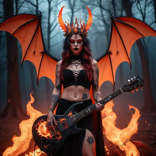 Prompt: Horned goddess, glowing hazel eyes, crown of fire, bat wings, glowing tattoos, piercings, tattered clothing. Destroyed cape, on a stage in a forest playing a guitar made of flesh and bone. Giant amplifiers fire surrounding the stage.