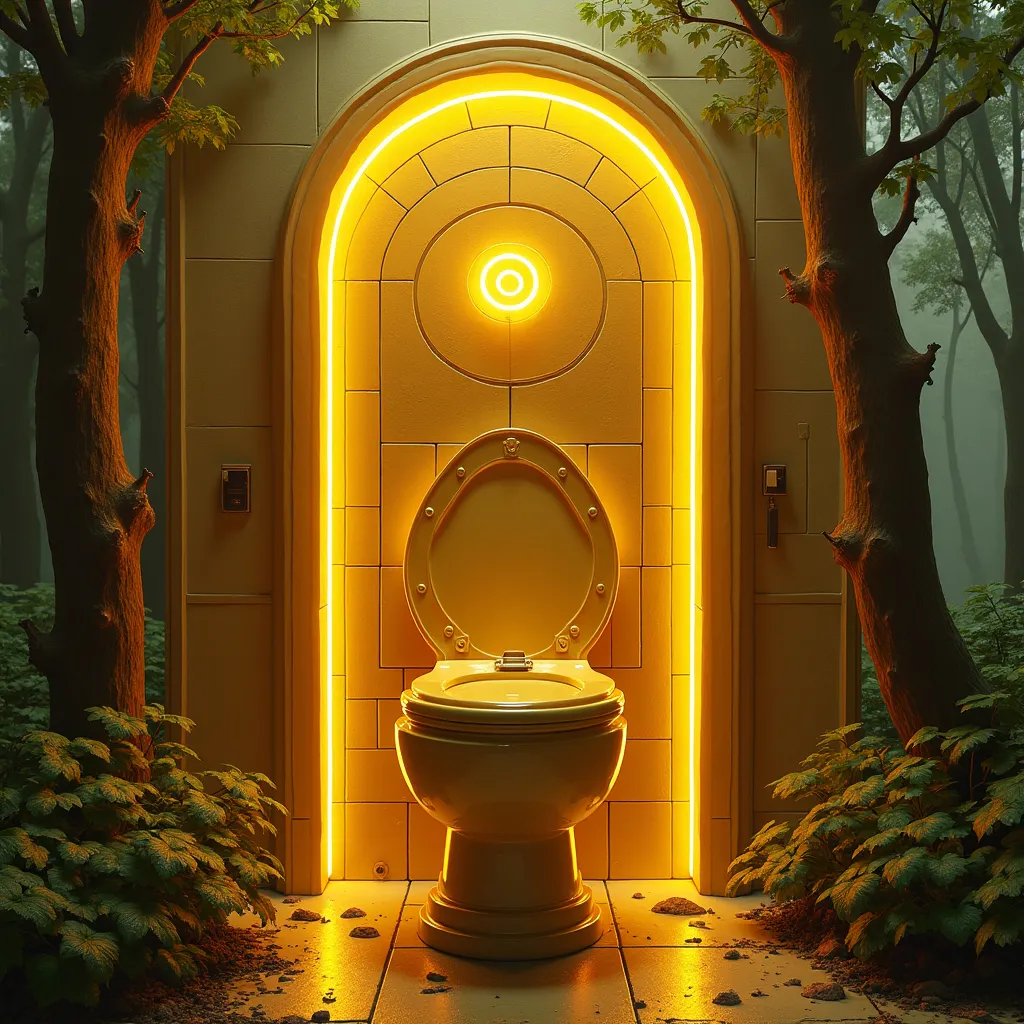 Prompt: Cyberpunk golden toilet. Futuristic, photorealism. 4k high definition. Futuristic mythical forest setting.