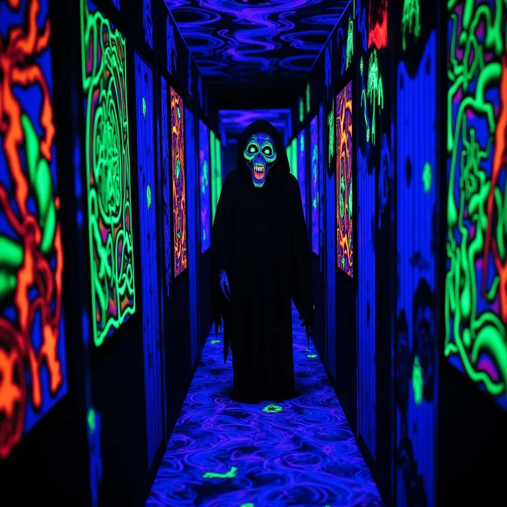 Prompt: Creature in a dimly lit (black light) hallway, eerie atmosphere, glowing details, high contrast colors, haunting presence, surreal shadows, dark edges, mysterious ambiance, intricate designs on walls, possibly abstract art, narrow perspective, (ultra-detailed) 4K resolution, gripping tone, unsettling feel, cinematic quality.