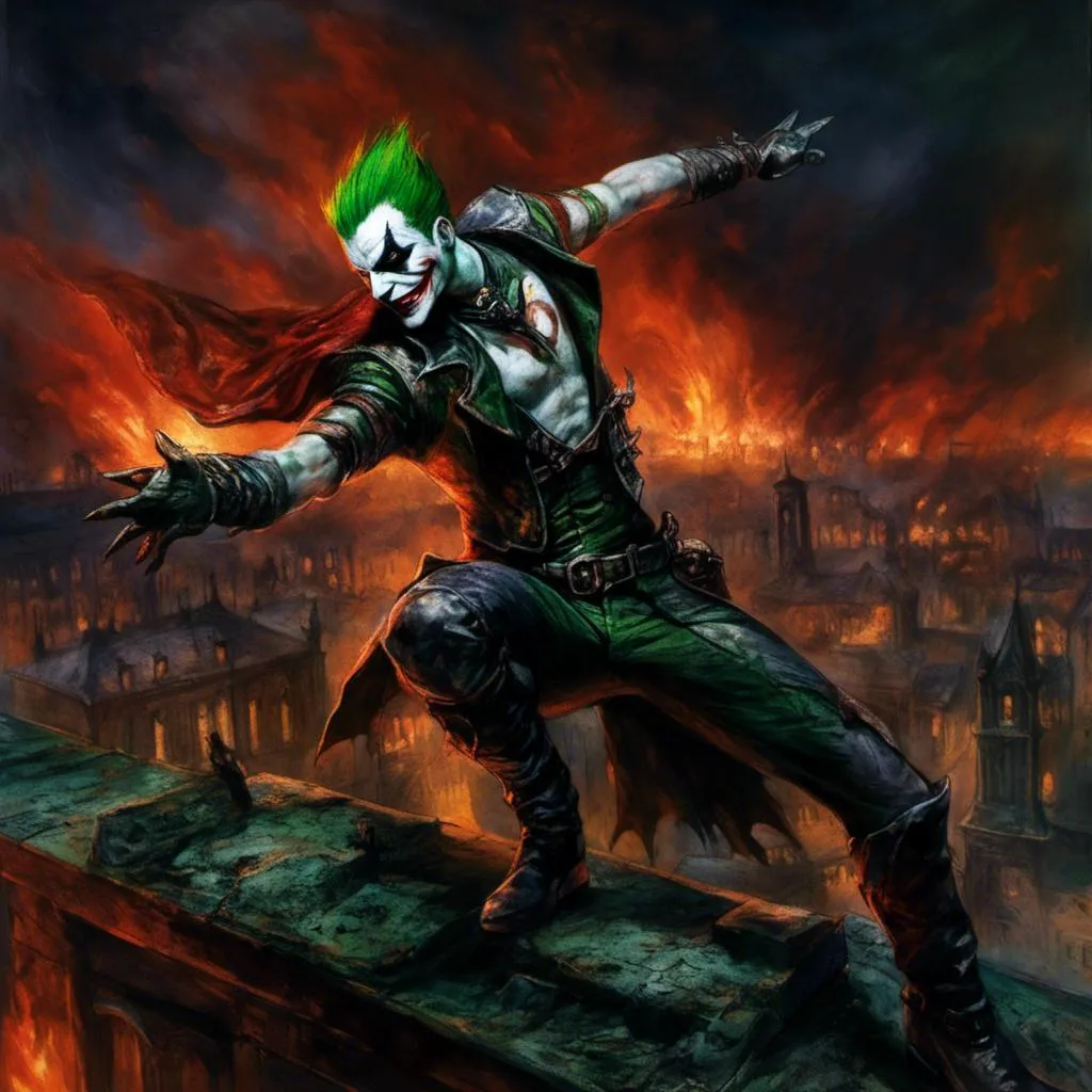 Prompt: <mymodel>(mymodel) joker from (DC Batman) white makeup, green hair. perched on a window, hands in the air in triumph, gazing into a fiery cityscape, flames illuminated against a dark sky, dramatic tones, vivid reds and oranges, smoke swirling in the air, high detail, moody atmosphere, urban environment, nighttime, powerful contrast, cinematic lighting, ultra-detailed, surreal and intense emotional vibe.