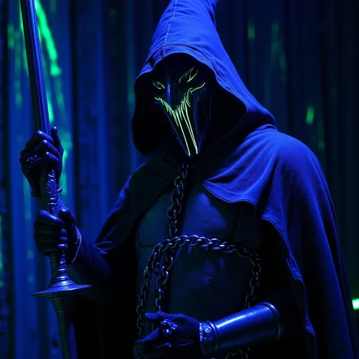 Prompt: Silver mask, black ornate armor, tattered cloak, pilgrim hat, bandolier, silver sword (glowing), moody and atmospheric lighting,low contrast shadows, standing in the dark, intricate details, darkened background with faint glimmers of light, captivating and mysterious vibe, focus on grainy textures, lowres. (Black light art)