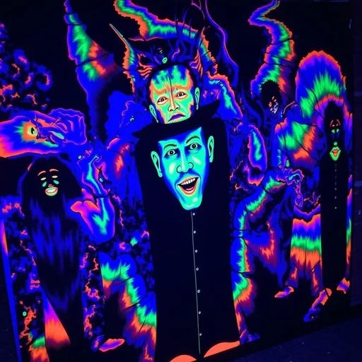 Prompt: (Marilyn Manson) under black light, striking poses, vibrant glowing colors, (abstract patterns) surrounding him, atmospheric mood, surreal visuals, illumination creates a dark yet captivating scene, ethereal glow enhancing his iconic features, ultra-detailed, high contrast, outdoors setting with haunting elements, psychedelic art style, immersive experience in a night environment, captivating and enigmatic.