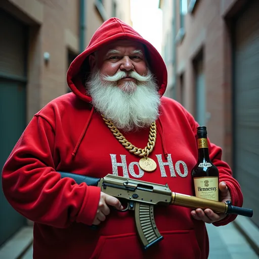 Prompt: Fat jolly Santa Claus red hoodie, holding a golden Ak-47 and a bottle of Hennessy. Gold chain with diamond encrusted HoHo lettering. In an alleyway.