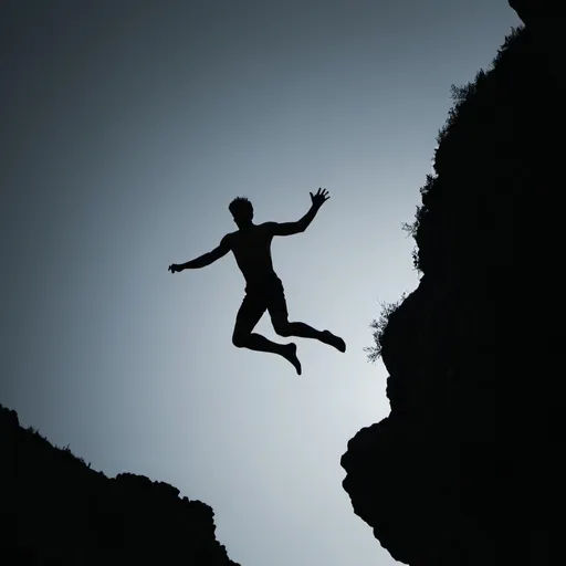 Prompt: Dark silhouette of a man jumping off a cliff.