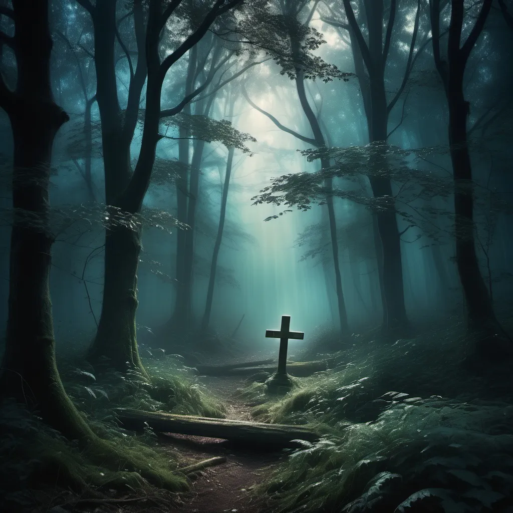 Prompt: (mystical dark forest), (wooden cross) (ray of light), ethereal atmosphere, dense trees shrouded in fog, luminescent shadows, deep greens and muted blues, enchanting and mysterious ambiance, soft beams illuminating the forest, high detail, cinematic quality, surreal and dreamlike mood, magical and serene landscape, sense of wonder and intrigue.