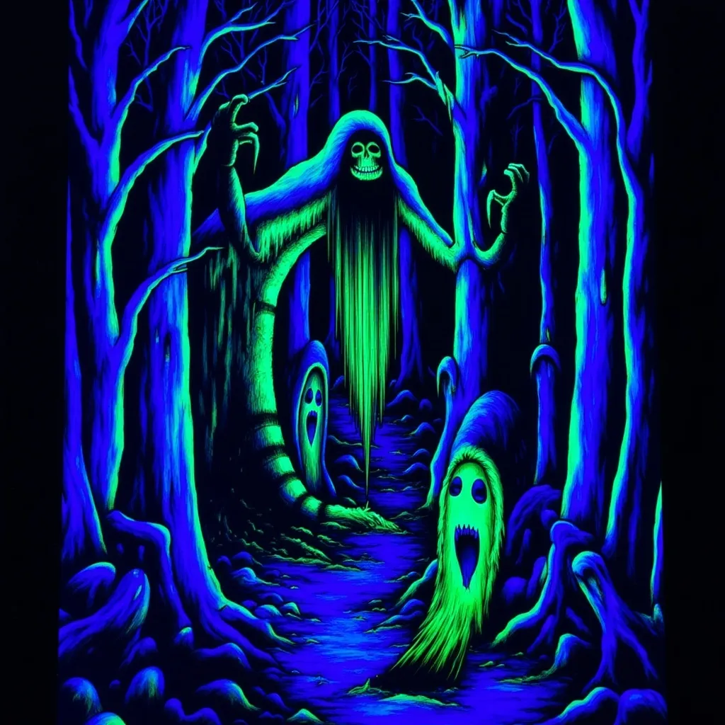 Prompt: (Black light) creature in the woods